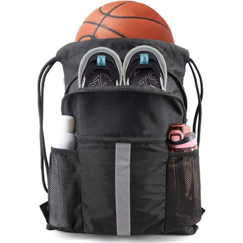 Drawstring Backpack Bag with Shoe Compartment, X-Large Black Gym Sports String